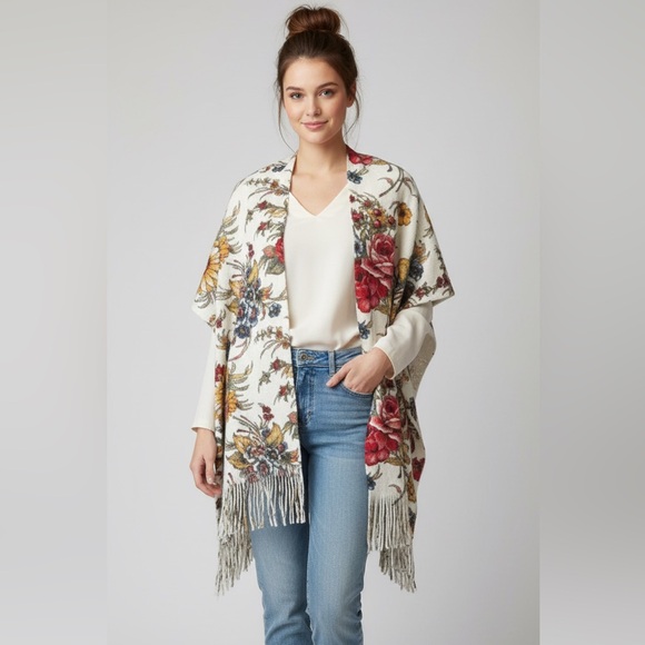 EUC Anthropologie Marseille Floral Fringed Kimono Poncho Shawl O/S Boho Western - Picture 15 of 15